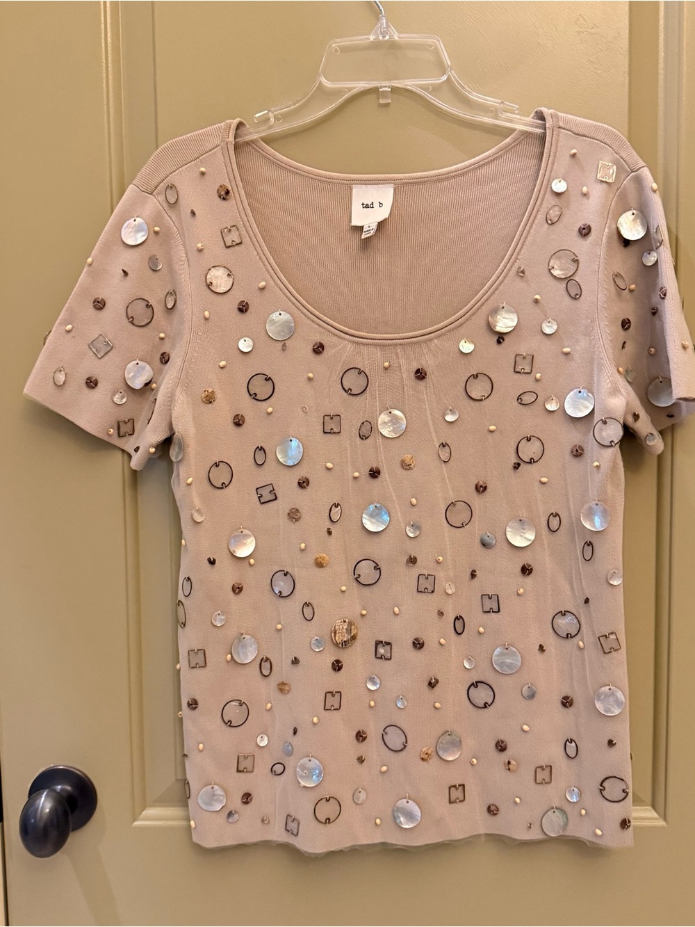 Embellished Short-Sleeve Scoop Neck Top in Beige by